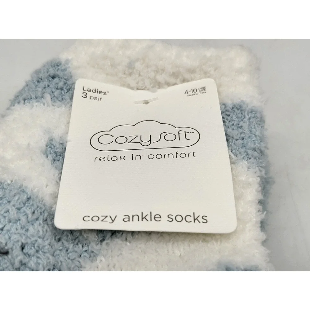 CozySoft Ladies 3‎ Pair Fuzzy Ankle Socks Blue White Cozy Warm Soft Size 4-10